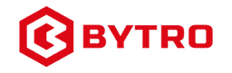 Bytro logo with red geometric emblem and text on transparent background
