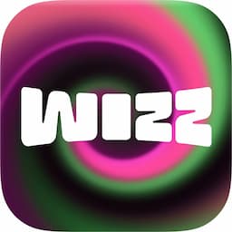 Wizz app logo with white bubble letters over pink and green neon swirl